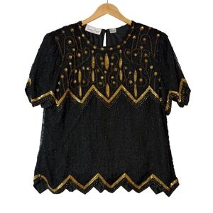 Laurence Kazar Womens Large Black Gold Beaded Silk Sequin Blouse Art Deco Vtg